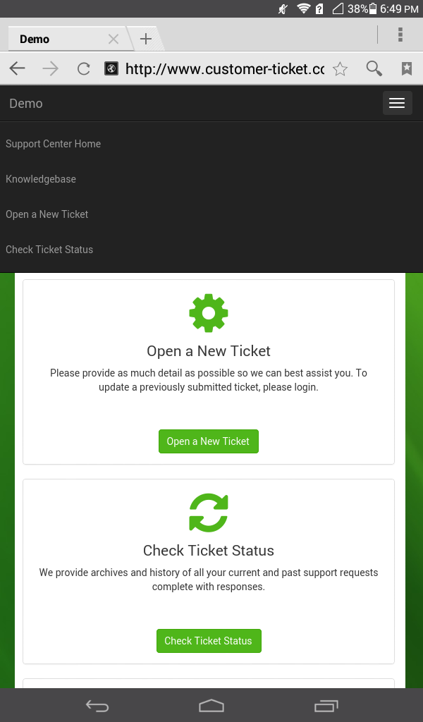 responsive web of ticket helpdesk portal - main page, with menu