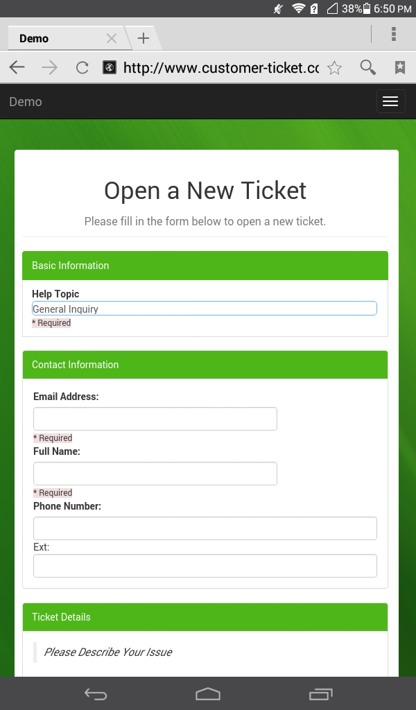 mobile web version of ticket helpdesk portal - open new ticket