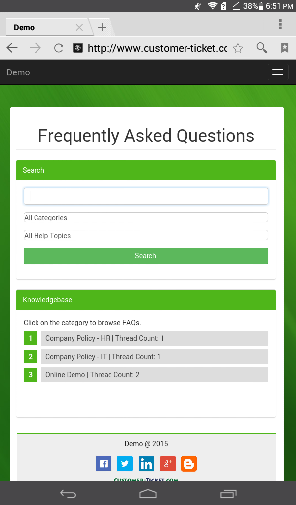 mobile web version of ticket helpdesk portal - frequently asked questions, FAQ menu