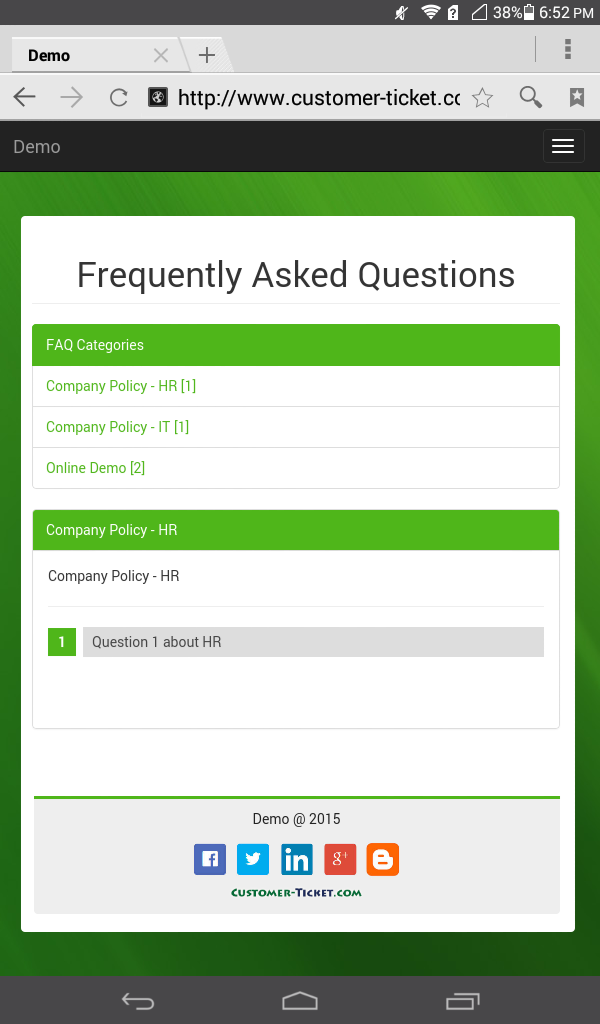 mobile web version of ticket helpdesk portal - frequently asked questions, FAQ category
