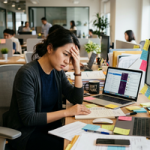 asian woman sitting in office is stressed overwhelmed