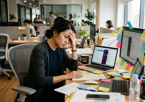 asian woman sitting in office is stressed overwhelmed