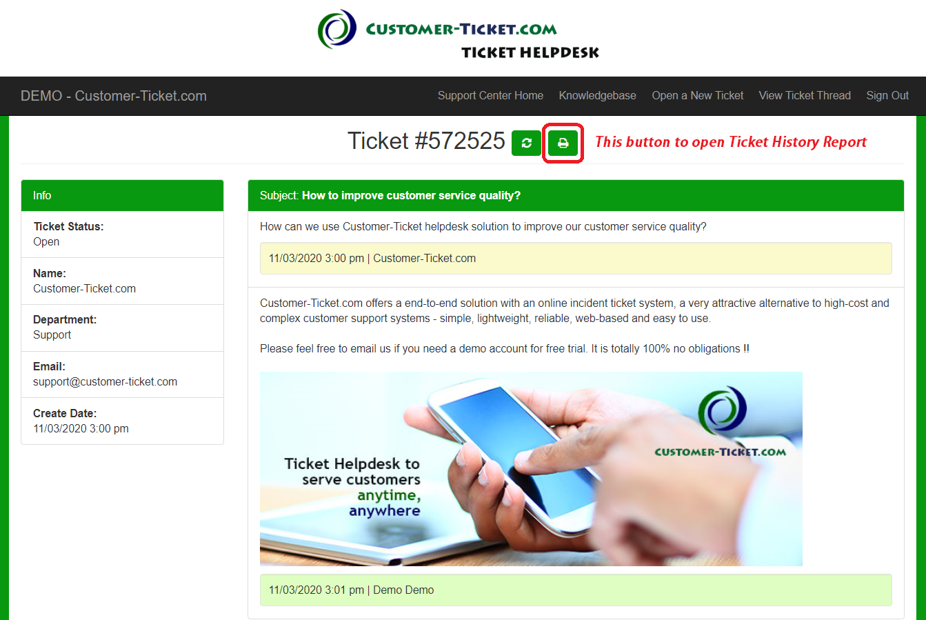 helpdesk system where user check ticket status, remarks highlighted