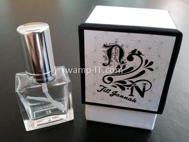 perfume bottle and white box