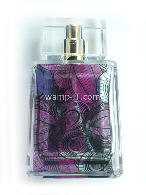 perfume glass bottle with full color silkscreen printing (pink and purple color)